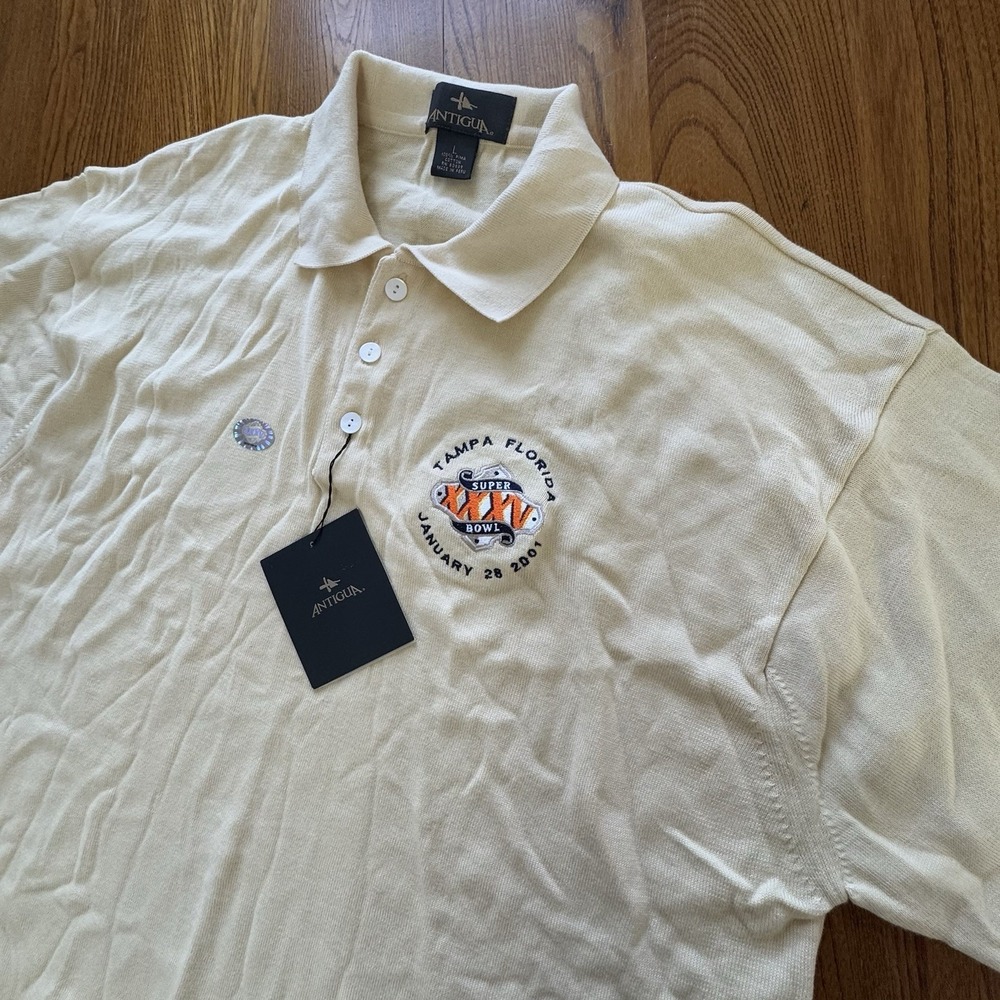 Vintage NWT Antigua Yellow Super Bowl XXXV Golf Polo Giants Ravens Men's L